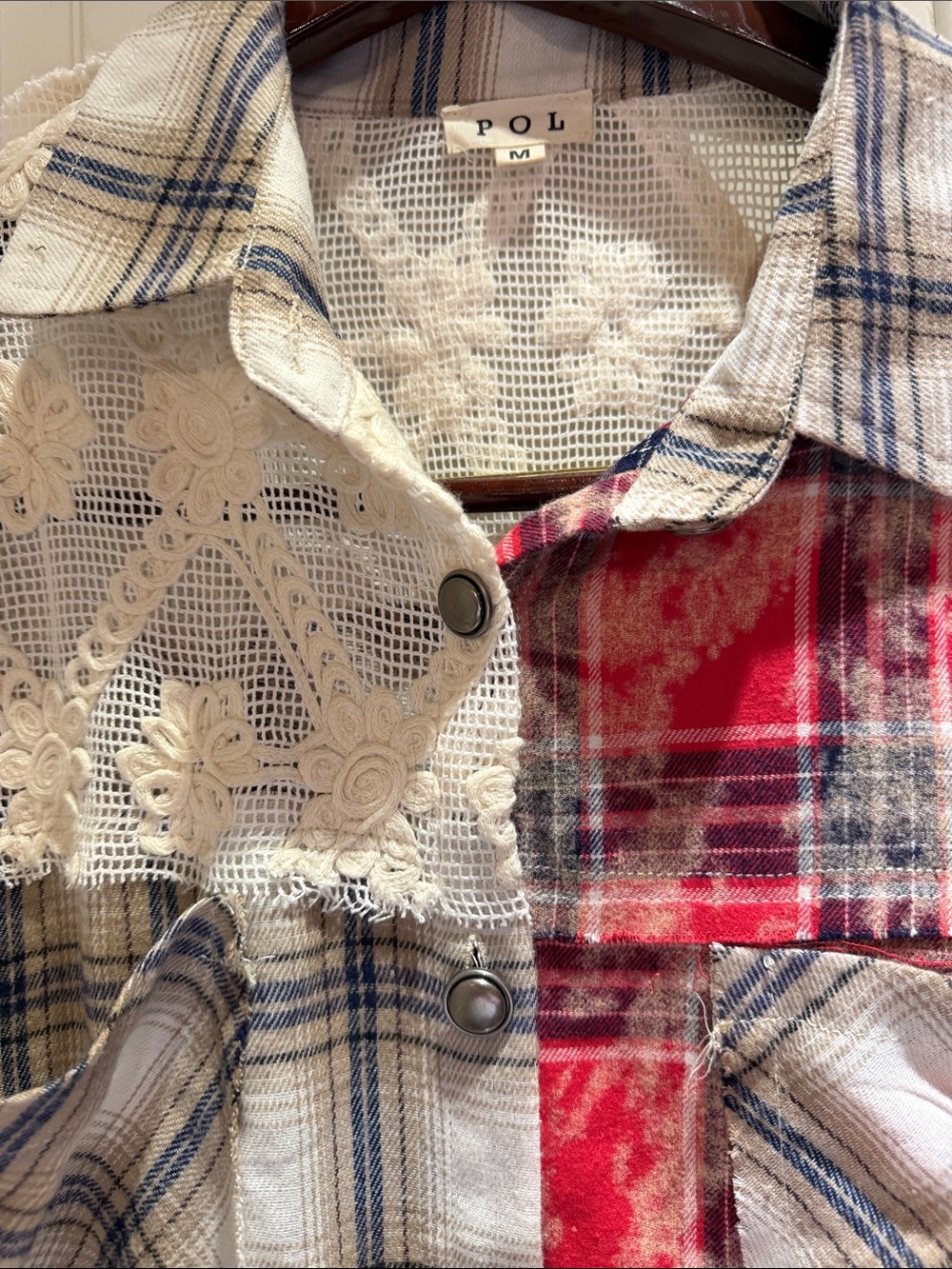 POL Vintage Inspired Mixed Patchwork w/ Lace Plaid Shacket - Red & Cream-NWOT-M - Picture 5 of 12